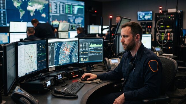 firefighter monitoring screens data graphs maps emergency response control room
