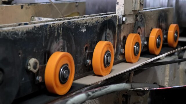 Row of bright orange rolling wheels press and guide a fresh cardboard sheet through an automated processing machine.
