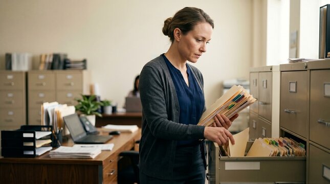 hr officer organizing sick leave records office file cabinet employee management
