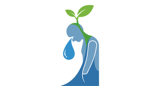 Human figure with plant growing from head and water drop falling from face