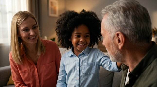 A black girl smiles while interacting with an elderly man beside a woman in a family setting, highlighting affection, intergenerational bonding, and family ties.
