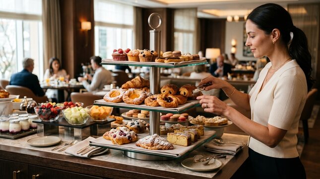 sophisticated hotel breakfast buffet pastries sweets tiered plates display
