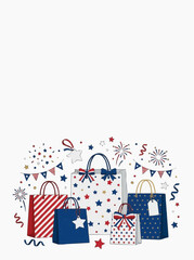 Fototapeta premium Patriotic Shopping Bags with Stars Fireworks and Bunting for Independence Day Celebration Vector