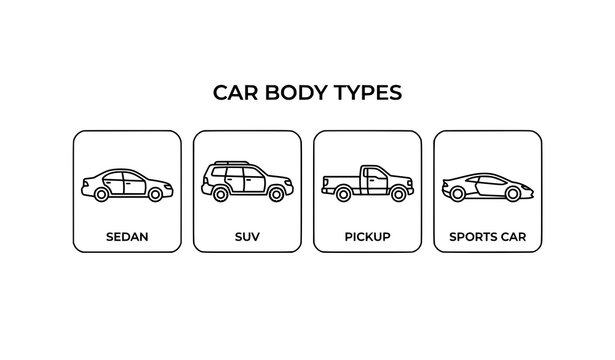 Minimalist Car Body Types Line Art Icon Set with Sedan SUV Pickup and Sports Vehicle Collection