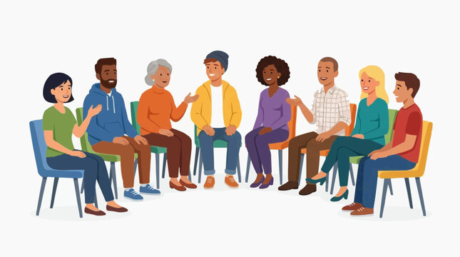 Diverse group of people sitting in a circle and talking during a meeting or support group session Vector