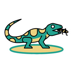 Fototapeta premium Lizard eating cricket on beige background in cartoon style 