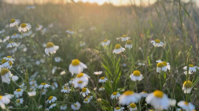 Langsame Kamerafahrt &uuml;ber bl&uuml;hende Echte Kamille (Matricaria chamomilla) vor reifem Getreide im goldenen Sonnenuntergang. Sommerliches Landleben und nat&uuml;rliche Abendstimmung.