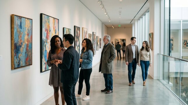 group visitors appreciating artwork contemporary gallery exhibition
