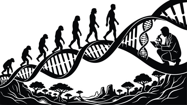 Human Evolution Concept on DNA Helix, Silhouette of Man Stages and Scientist with Microscope for Genetic Science and Biology