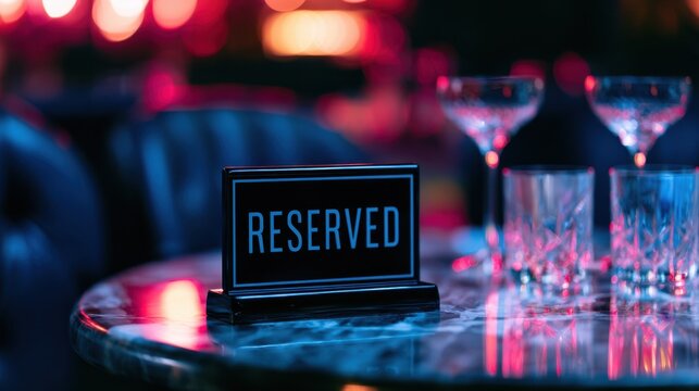 Reserved sign on a marble table in a dimly lit restaurant with bokeh lights