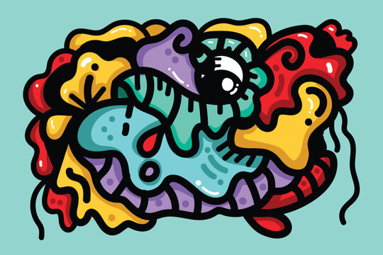 Hand drawn abstract doodle art in psychedelic colors. Cute and surreal monster character illustration with organic shapes, perfect for backgrounds, textiles, and modern creative designs.