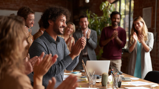 Corporate team clapping and cheering for colleague getting promoted in an open-plan office
