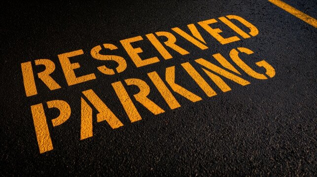 Bold yellow reserved parking lettering on dark pavement surface