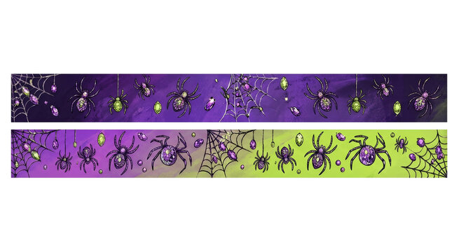 Halloween washi tape strips with creepy black spiders and cobwebs on purple and green watercolor backgrounds. Spooky seamless borders for scrapbooking, party invitations or decoration. halloween, tape