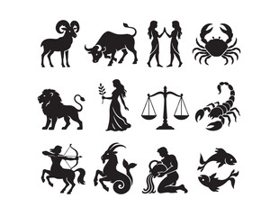 Naklejka premium Twelve black zodiac sign vector icons, astrological symbols for horoscopes and fortune telling, celestial mythology illustrations for spiritual and mystical designs.