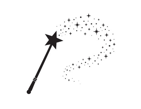 Magical wand vector icon, black silhouette of a magic stick with sparkling star dust trail, enchanting design element for fantasy, celebration, and dreams.