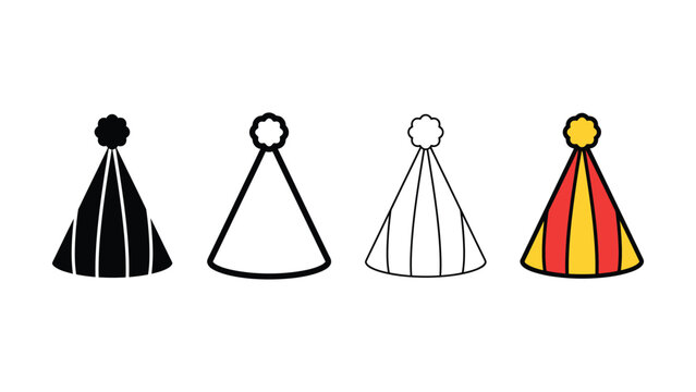 Four different colored party hats with pom poms on white background