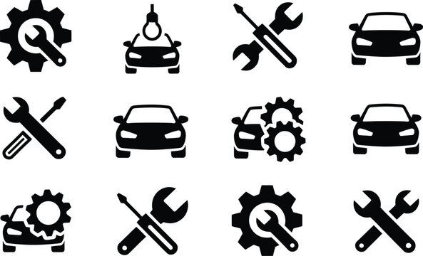 Car service icons illustration set, generic vehicle repair engine tools and garage maintenance symbols in editable stroke style.