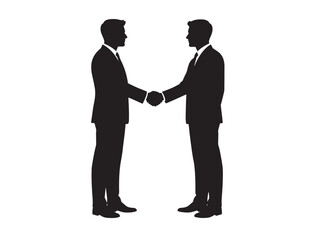 Fototapeta premium Professional business handshake, two men in suits shaking hands, a symbol of agreement and partnership, black silhouette vector illustration for corporate deals and successful collaborations.