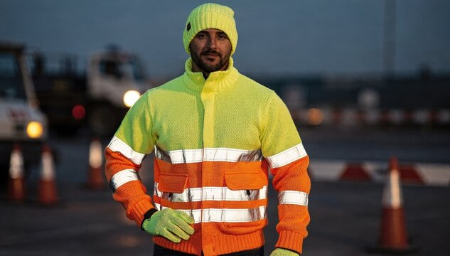 Worker showcasing highvisibility yarns in knit outerwear emphasizing safety and visibility during outdoor tasks in lowlight conditions.