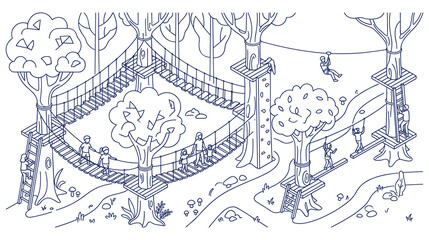 Fototapeta premium People walking on ropes course in forest isometric view.