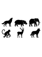 Obraz premium Collection of diverse animal silhouettes including a wolf, hippopotamus, elephant, monkey, deer, and another wolf