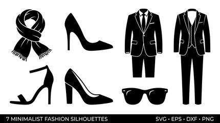 Obraz premium Collection of minimalist black fashion silhouettes including a scarf, high heels, suits, and sunglasses