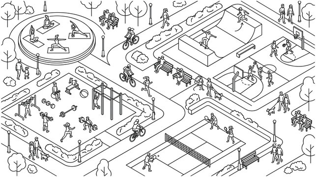People doing sports activities in urban public city park.