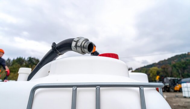 Filling large white plastic IBC tank with liquid from hose, industrial water transfer