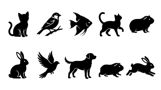 Collection of Black Silhouettes of Various Domestic and Wild Animals on a White Background