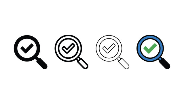 Four magnifying glasses with checkmarks on white background