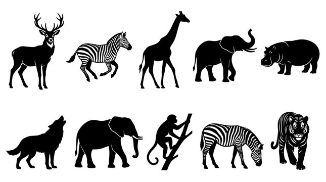 Collection of diverse animal silhouettes including deer zebra elephant hippo wolf monkey and tiger
