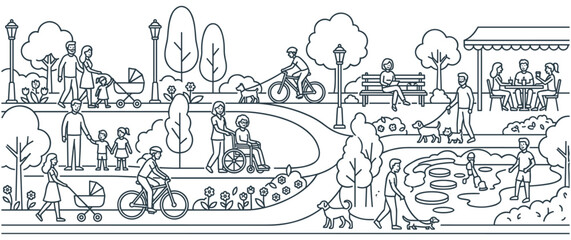 Obraz premium People enjoying activities in a city park panorama.