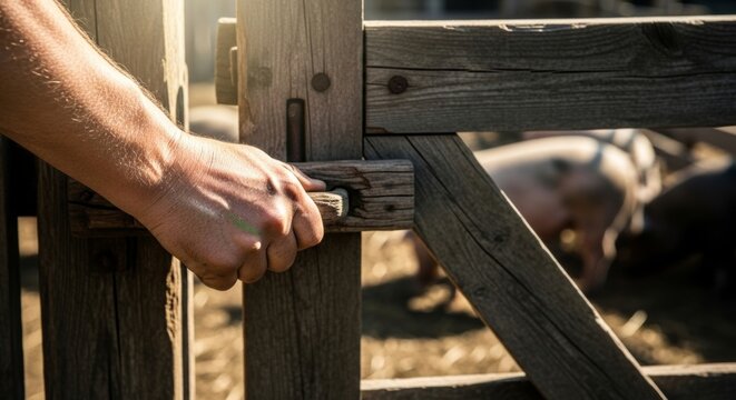 Farmer's hand secures rustic wooden gate to pigpen, showing connection to livestock and rural farm life