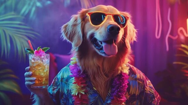 Golden retriever dog in sunglasses and hawaiian shirt holding tropical cocktail. Summer vacation party concept or humorous internet meme use.