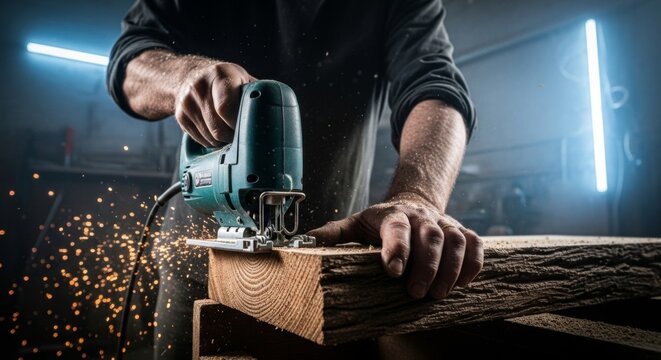 Skilled hands using jigsaw to cut rough wood in a smoky workshop with bright neon lights