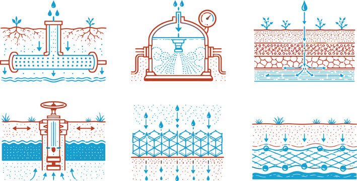 Water drainage and irrigation system diagrams, 6 technical vector icons for soil filtration, underground water management and plumbing infrastructure