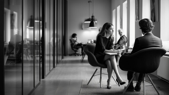 One-on-one exit interview between HR and an employee, emphasizing communication and feedback.
