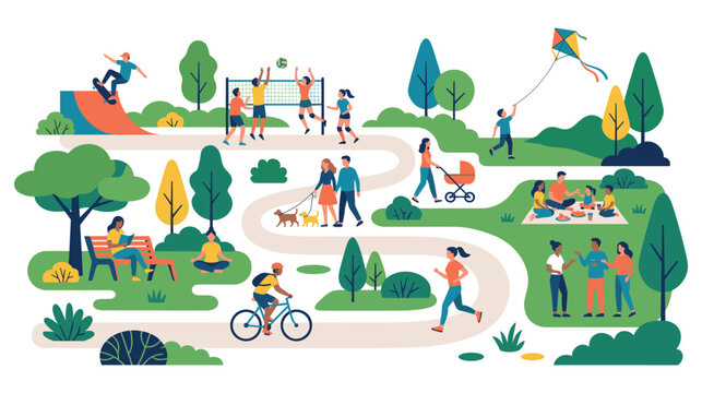 People active on park path with sports and recreation.