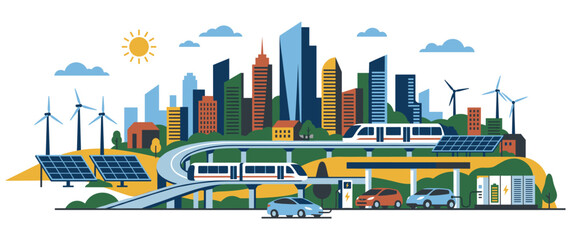Obraz premium Sustainable city with renewable energy and electric cars.