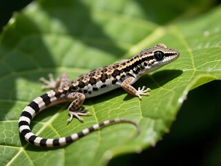 Fototapeta premium Small Gecko with Patterned Skin Rests on a Vibrant Green Leaf in Soft Light