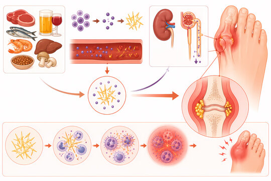 Gout uric acid crystals joint attack illustration