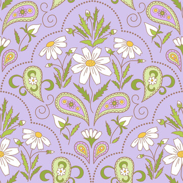 Seamless floral paisley pattern with white daisies, wildflowers and ornamental folk elements on a lavender background. Decorative botanical repeat for fabric, wallpaper and surface design.