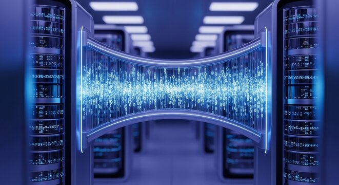 Futuristic digital data stream between glowing servers in a high-tech data center, representing advanced technology and network connectivity.