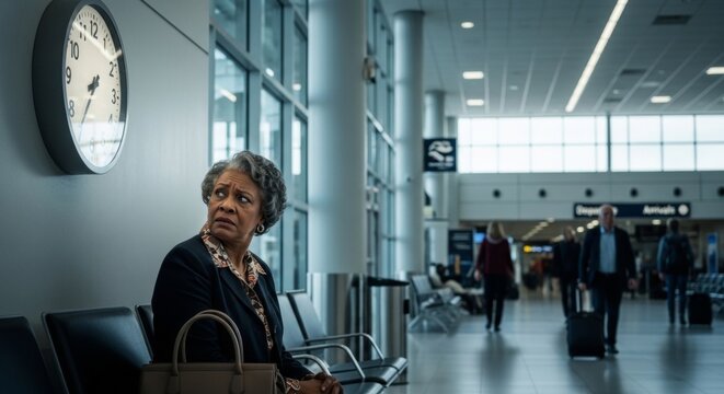 Elderly woman looking confused at airport clock while waiting for delayed flight among blurred travelers