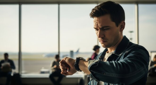 Man anxiously checks watch at airport gate, waiting for delayed flight, conveying travel stress and impatience