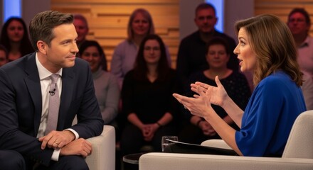 Obraz premium Male talk show host listening intently to female guest speaking with hands animated in a modern studio with blurred audience