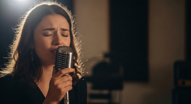Emotional singer performs heartfelt ballad in a dimly lit studio with dramatic spotlighting