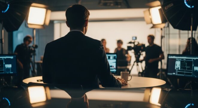 News anchor seen from behind in a bustling live broadcast studio with a camera crew preparing for filming.