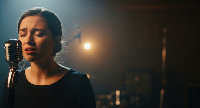 Singer performs emotional ballad with eyes closed at vintage microphone in dimly lit studio with warm spotlight